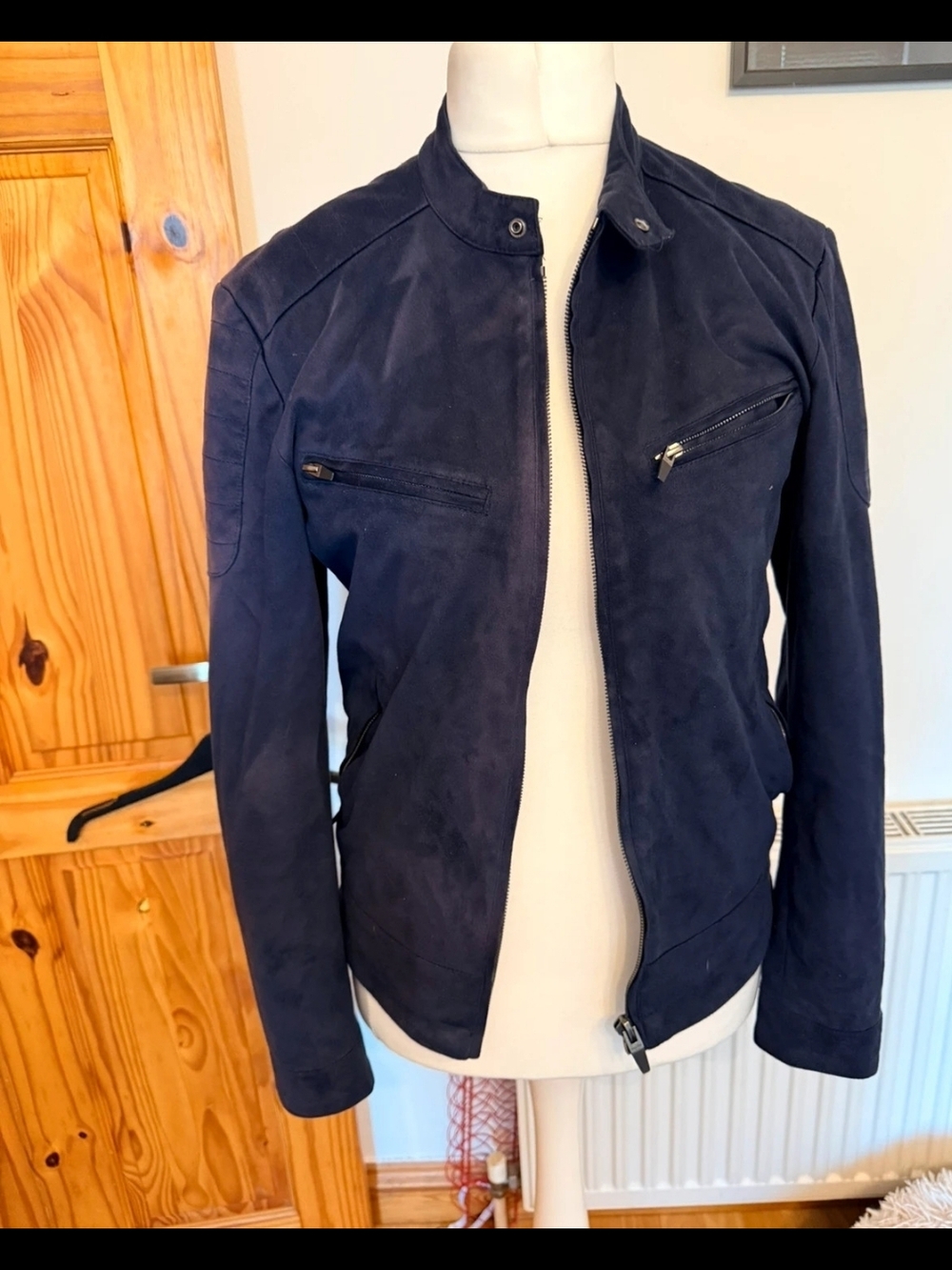 Navy Suede/Leather Moto/Cafe Biker Jacket by Zara Mens